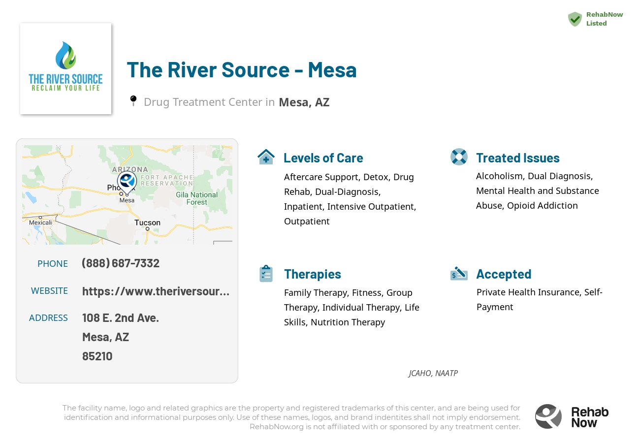 Helpful reference information for The River Source - Mesa, a drug treatment center in Arizona located at: 108 E. 2nd Ave., Mesa, AZ, 85210, including phone numbers, official website, and more. Listed briefly is an overview of Levels of Care, Therapies Offered, Issues Treated, and accepted forms of Payment Methods.