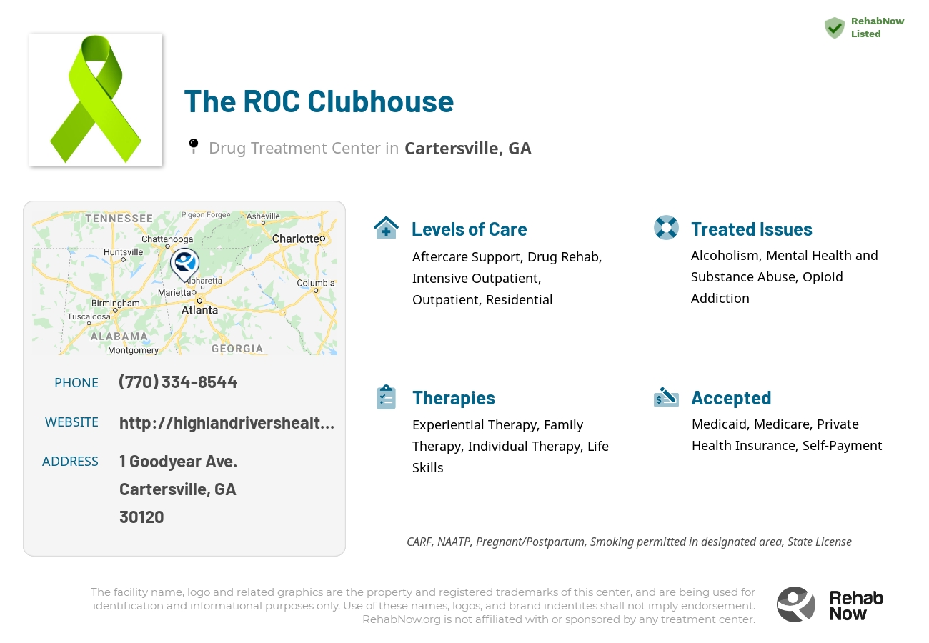 Helpful reference information for The ROC Clubhouse, a drug treatment center in Georgia located at: 1 Goodyear Ave., Cartersville, GA 30120, including phone numbers, official website, and more. Listed briefly is an overview of Levels of Care, Therapies Offered, Issues Treated, and accepted forms of Payment Methods.