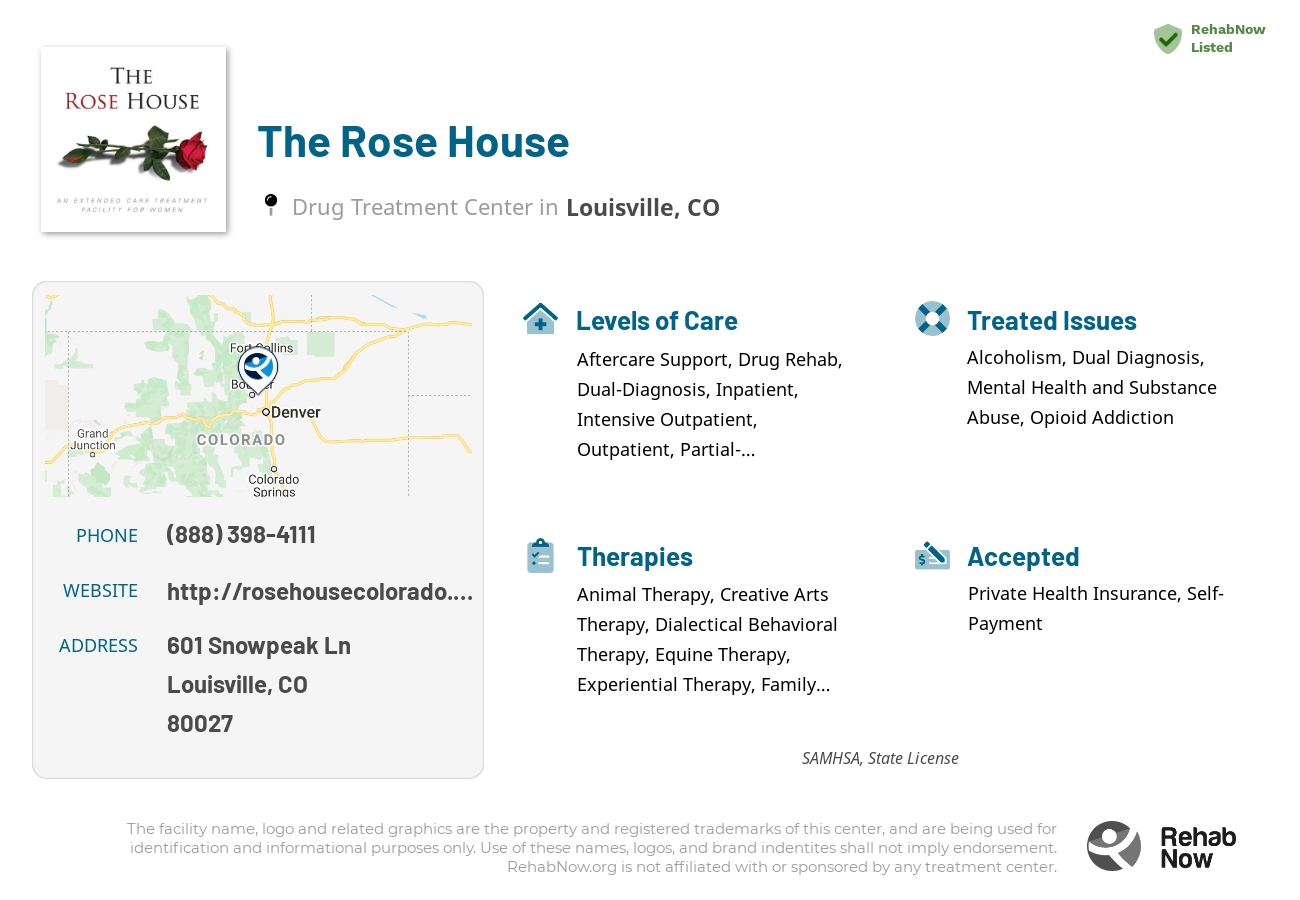 Helpful reference information for The Rose House, a drug treatment center in Colorado located at: 601 Snowpeak Ln, Louisville, CO, 80027, including phone numbers, official website, and more. Listed briefly is an overview of Levels of Care, Therapies Offered, Issues Treated, and accepted forms of Payment Methods.