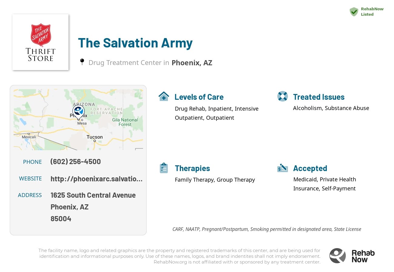 Helpful reference information for The Salvation Army, a drug treatment center in Arizona located at: 1625 1625 South Central Avenue, Phoenix, AZ 85004, including phone numbers, official website, and more. Listed briefly is an overview of Levels of Care, Therapies Offered, Issues Treated, and accepted forms of Payment Methods.