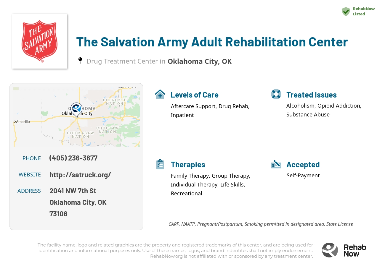 Helpful reference information for The Salvation Army Adult Rehabilitation Center, a drug treatment center in Oklahoma located at: 2041 NW 7th St, Oklahoma City, OK 73106, including phone numbers, official website, and more. Listed briefly is an overview of Levels of Care, Therapies Offered, Issues Treated, and accepted forms of Payment Methods.