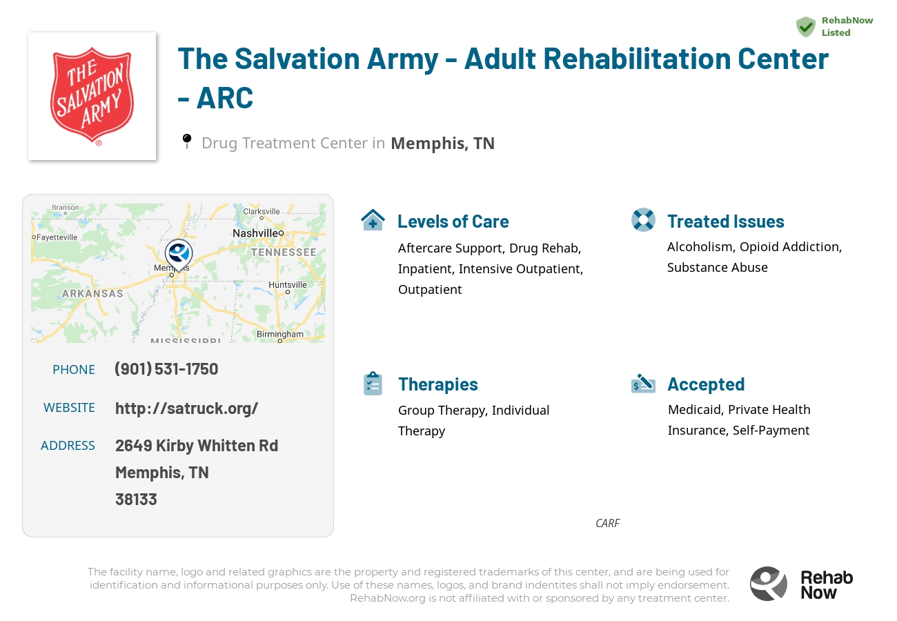 Helpful reference information for The Salvation Army - Adult Rehabilitation Center - ARC, a drug treatment center in Tennessee located at: 2649 Kirby Whitten Rd, Memphis, TN 38133, including phone numbers, official website, and more. Listed briefly is an overview of Levels of Care, Therapies Offered, Issues Treated, and accepted forms of Payment Methods.