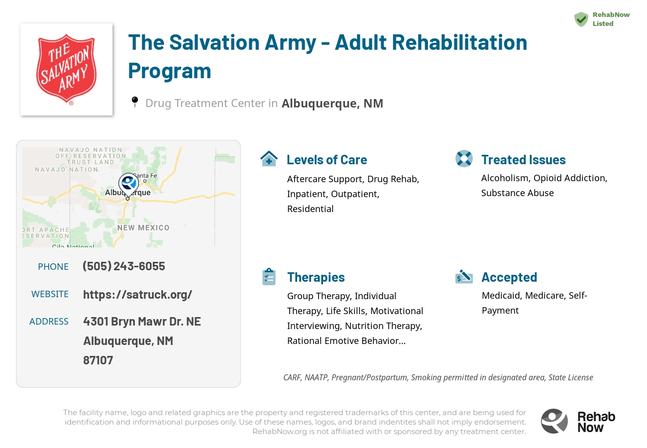Helpful reference information for The Salvation Army - Adult Rehabilitation Program, a drug treatment center in New Mexico located at: 4301 4301 Bryn Mawr Dr. NE, Albuquerque, NM 87107, including phone numbers, official website, and more. Listed briefly is an overview of Levels of Care, Therapies Offered, Issues Treated, and accepted forms of Payment Methods.