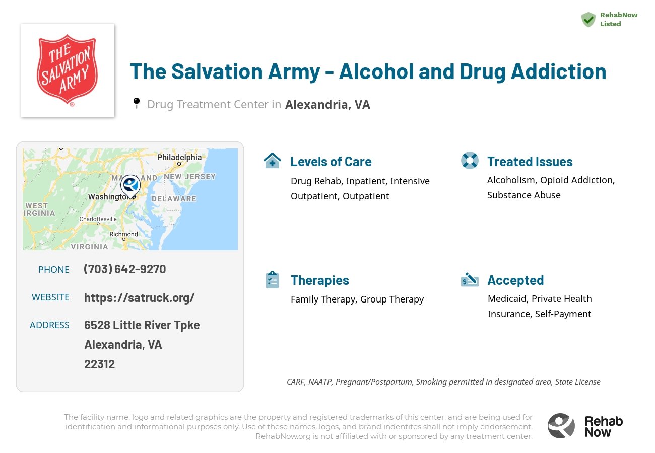 Helpful reference information for The Salvation Army - Alcohol and Drug Addiction, a drug treatment center in Virginia located at: 6528 Little River Tpke, Alexandria, VA 22312, including phone numbers, official website, and more. Listed briefly is an overview of Levels of Care, Therapies Offered, Issues Treated, and accepted forms of Payment Methods.