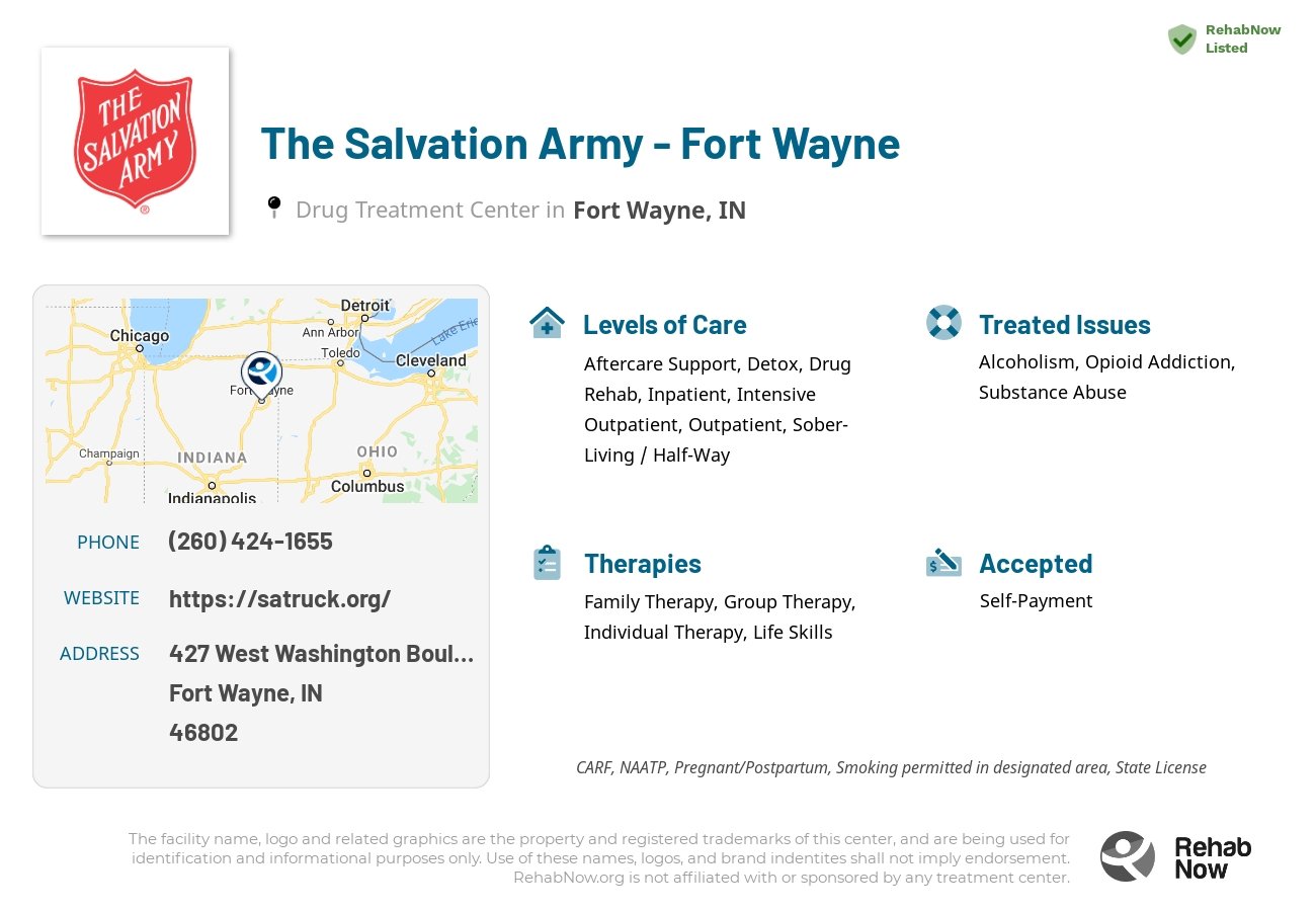 Helpful reference information for The Salvation Army - Fort Wayne, a drug treatment center in Indiana located at: 427 West Washington Boulevard, Fort Wayne, IN, 46802, including phone numbers, official website, and more. Listed briefly is an overview of Levels of Care, Therapies Offered, Issues Treated, and accepted forms of Payment Methods.