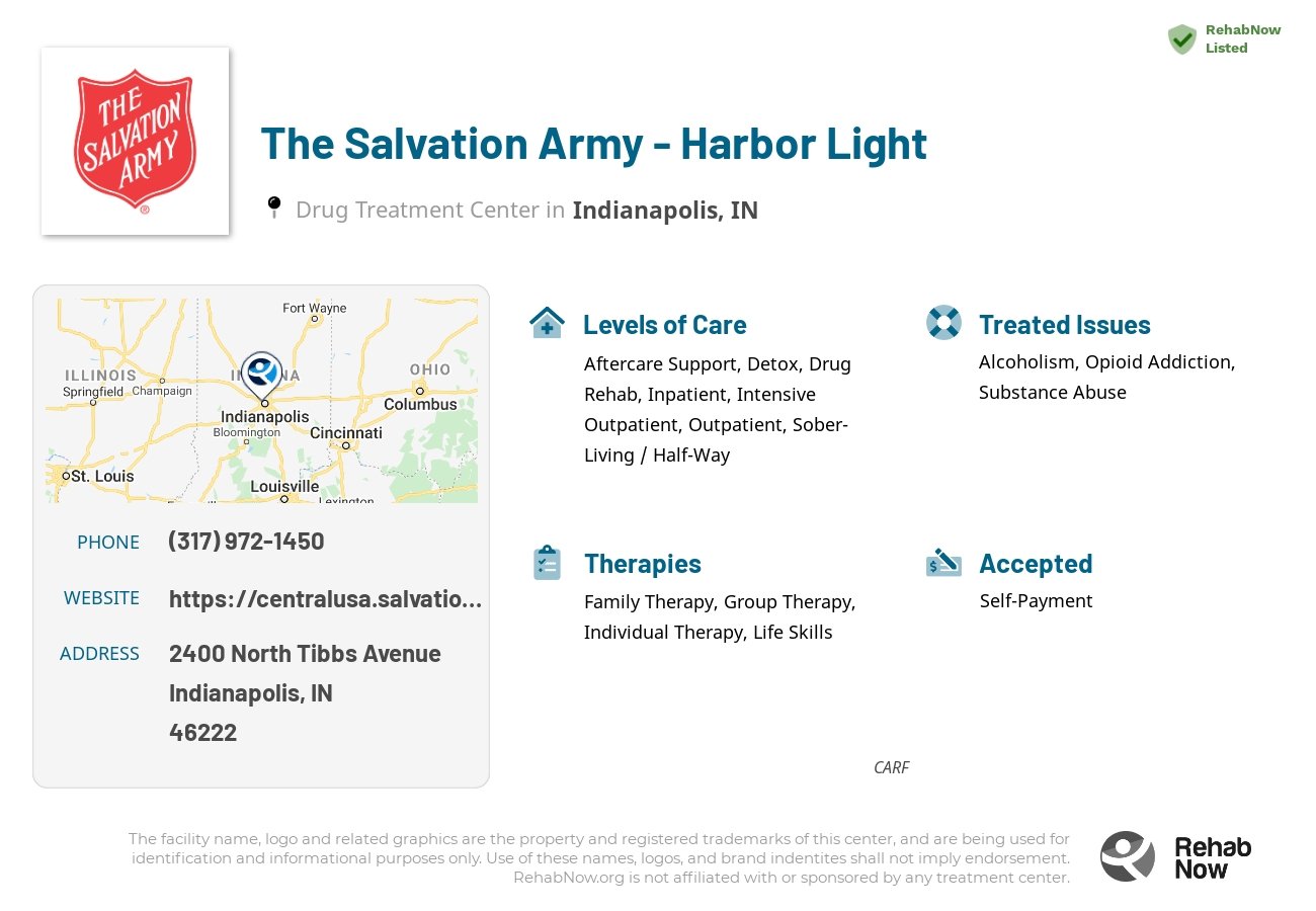 Helpful reference information for The Salvation Army - Harbor Light, a drug treatment center in Indiana located at: 2400 North Tibbs Avenue, Indianapolis, IN, 46222, including phone numbers, official website, and more. Listed briefly is an overview of Levels of Care, Therapies Offered, Issues Treated, and accepted forms of Payment Methods.