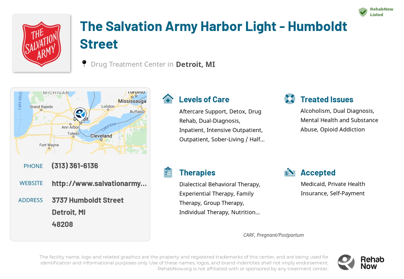 Helpful reference information for The Salvation Army Harbor Light - Humboldt Street, a drug treatment center in Michigan located at: 3737 Humboldt Street, Detroit, MI, 48208, including phone numbers, official website, and more. Listed briefly is an overview of Levels of Care, Therapies Offered, Issues Treated, and accepted forms of Payment Methods.