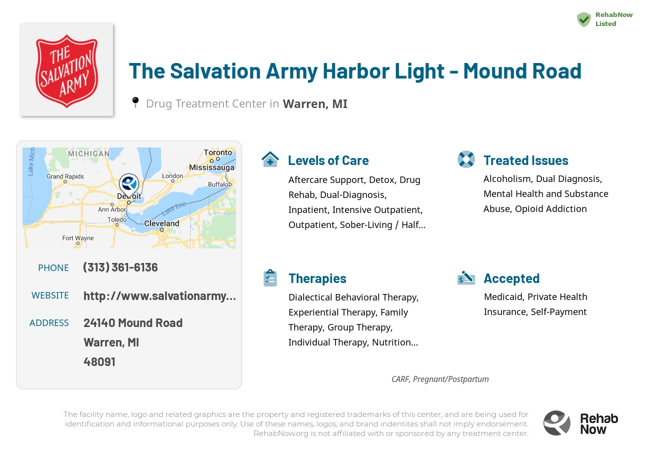 Helpful reference information for The Salvation Army Harbor Light - Mound Road, a drug treatment center in Michigan located at: 24140 Mound Road, Warren, MI, 48091, including phone numbers, official website, and more. Listed briefly is an overview of Levels of Care, Therapies Offered, Issues Treated, and accepted forms of Payment Methods.