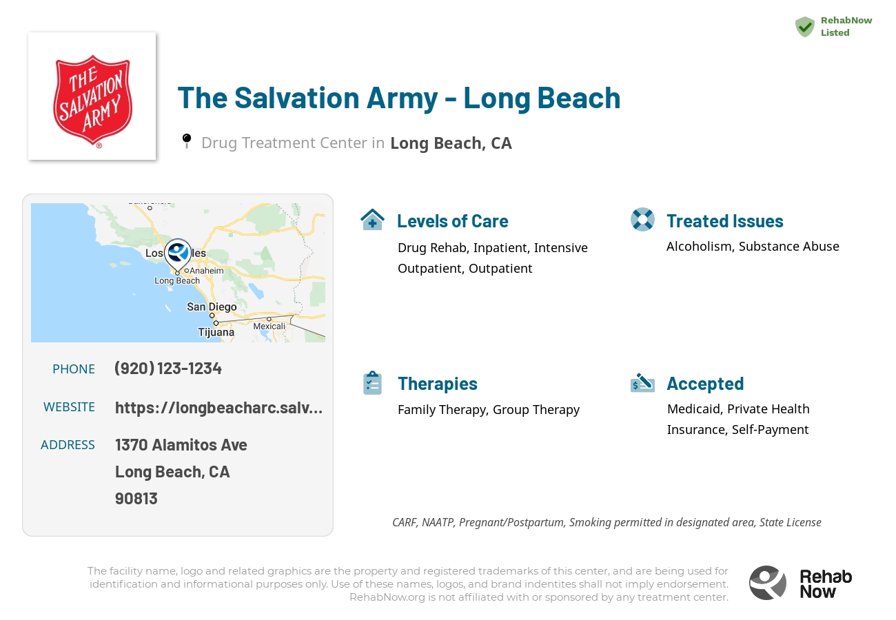 Helpful reference information for The Salvation Army - Long Beach, a drug treatment center in California located at: 1370 Alamitos Ave, Long Beach, CA 90813, including phone numbers, official website, and more. Listed briefly is an overview of Levels of Care, Therapies Offered, Issues Treated, and accepted forms of Payment Methods.