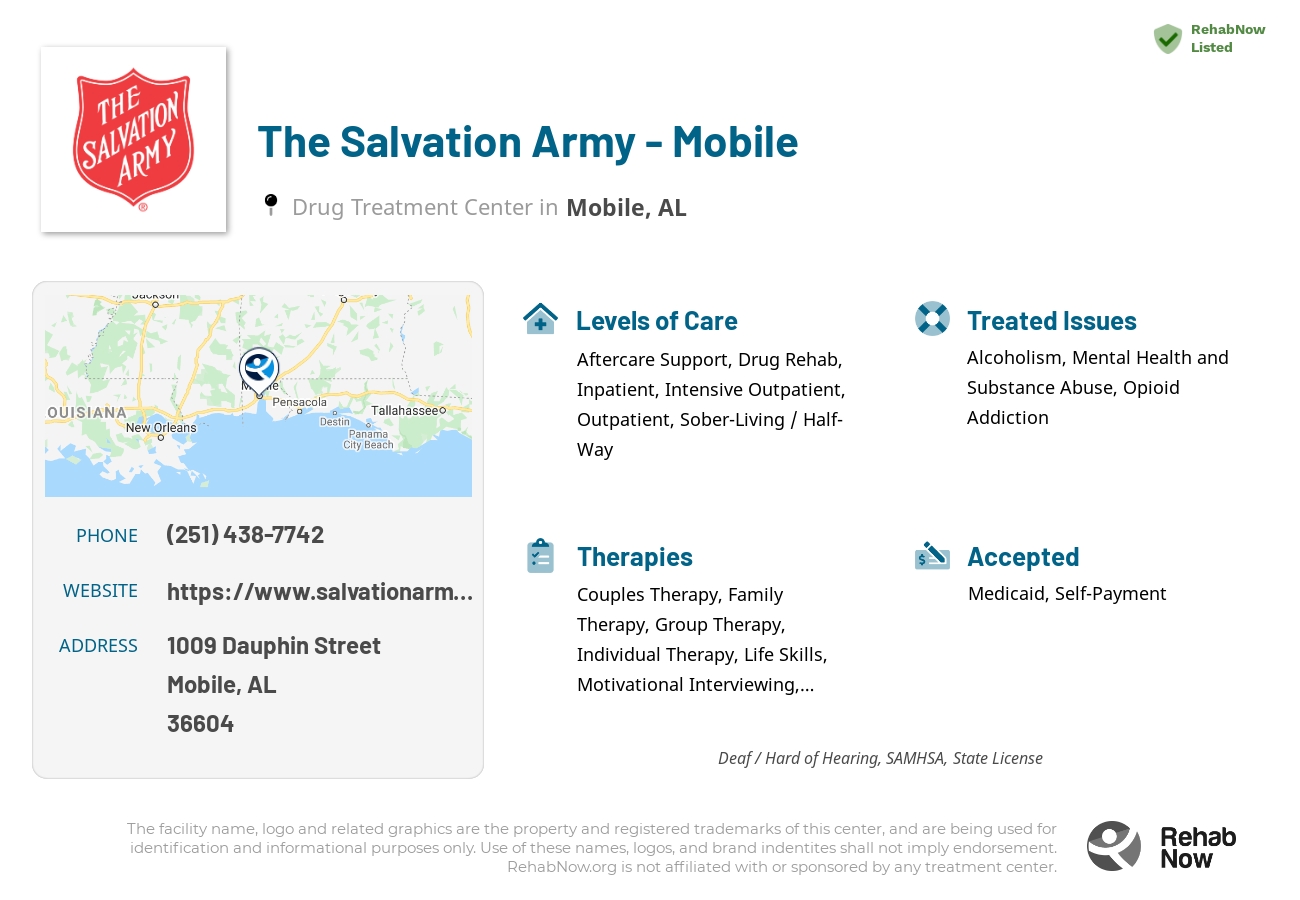Helpful reference information for The Salvation Army - Mobile, a drug treatment center in Alabama located at: 1009 Dauphin Street, Mobile, AL, 36604, including phone numbers, official website, and more. Listed briefly is an overview of Levels of Care, Therapies Offered, Issues Treated, and accepted forms of Payment Methods.