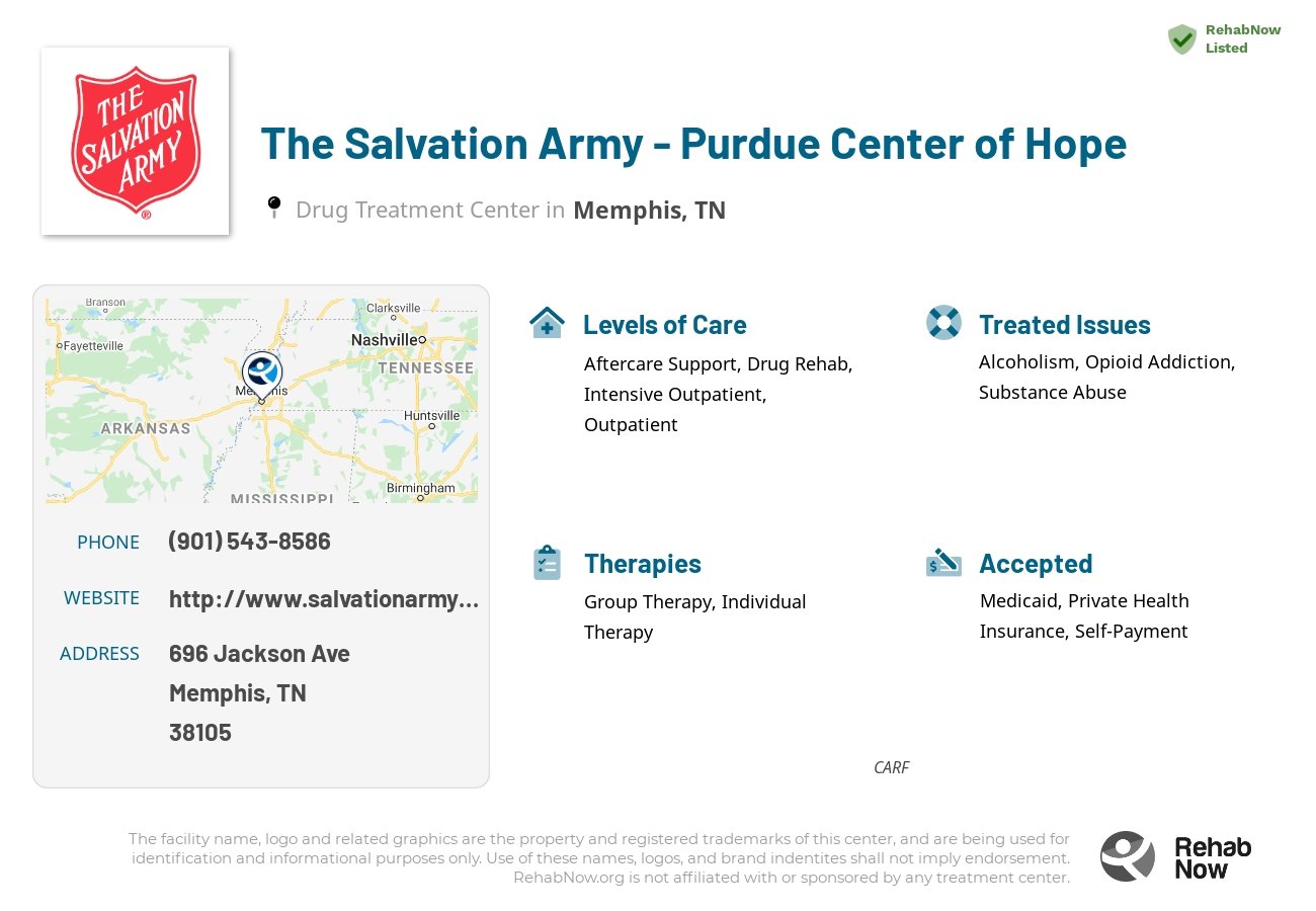 Helpful reference information for The Salvation Army - Purdue Center of Hope, a drug treatment center in Tennessee located at: 696 Jackson Ave, Memphis, TN 38105, including phone numbers, official website, and more. Listed briefly is an overview of Levels of Care, Therapies Offered, Issues Treated, and accepted forms of Payment Methods.