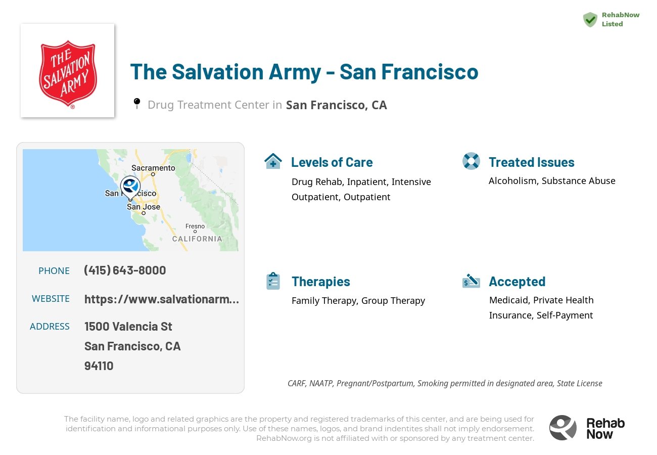 Helpful reference information for The Salvation Army - San Francisco, a drug treatment center in California located at: 1500 Valencia St, San Francisco, CA 94110, including phone numbers, official website, and more. Listed briefly is an overview of Levels of Care, Therapies Offered, Issues Treated, and accepted forms of Payment Methods.