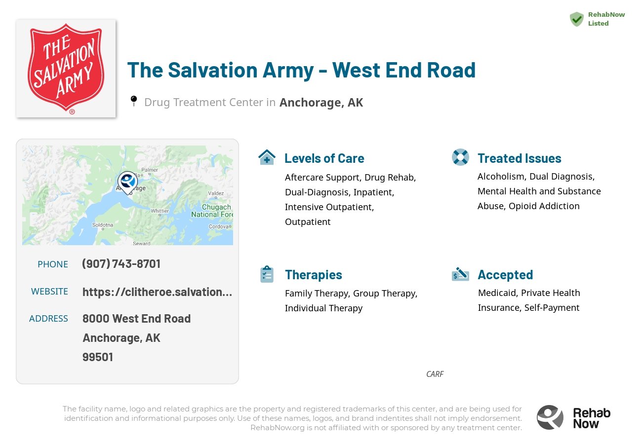 Helpful reference information for The Salvation Army - West End Road, a drug treatment center in Alaska located at: 8000 West End Road, Anchorage, AK, 99501, including phone numbers, official website, and more. Listed briefly is an overview of Levels of Care, Therapies Offered, Issues Treated, and accepted forms of Payment Methods.