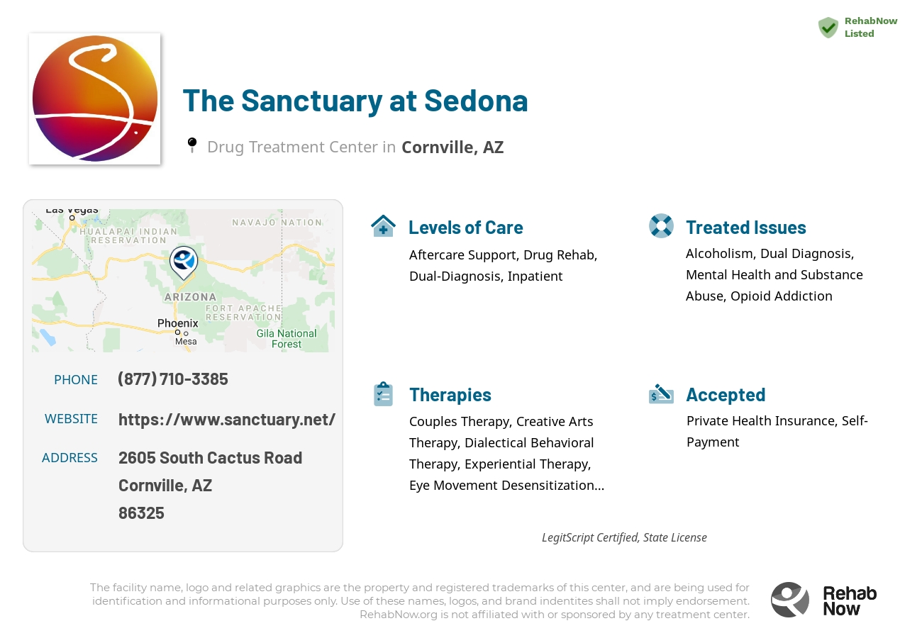 Helpful reference information for The Sanctuary at Sedona, a drug treatment center in Arizona located at: 2605 South Cactus Road, Cornville, AZ, 86325, including phone numbers, official website, and more. Listed briefly is an overview of Levels of Care, Therapies Offered, Issues Treated, and accepted forms of Payment Methods.