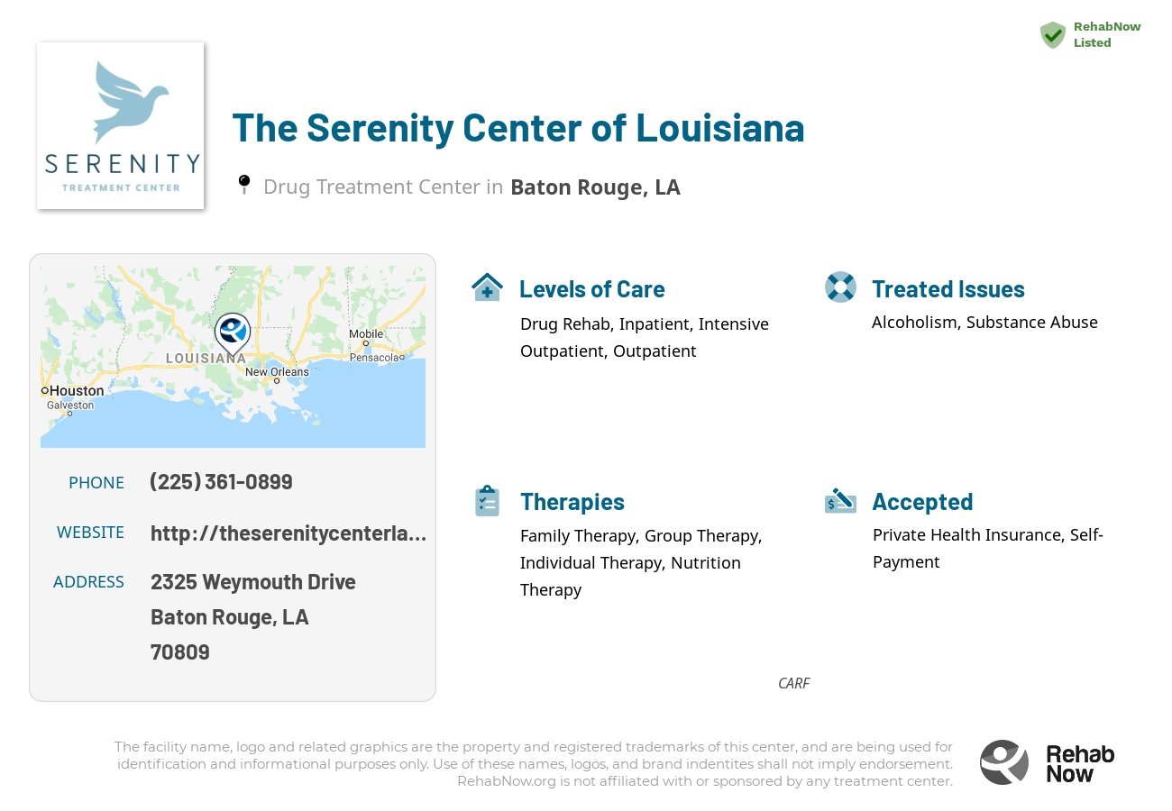 Helpful reference information for The Serenity Center of Louisiana, a drug treatment center in Louisiana located at: 2325 2325 Weymouth Drive, Baton Rouge, LA 70809, including phone numbers, official website, and more. Listed briefly is an overview of Levels of Care, Therapies Offered, Issues Treated, and accepted forms of Payment Methods.