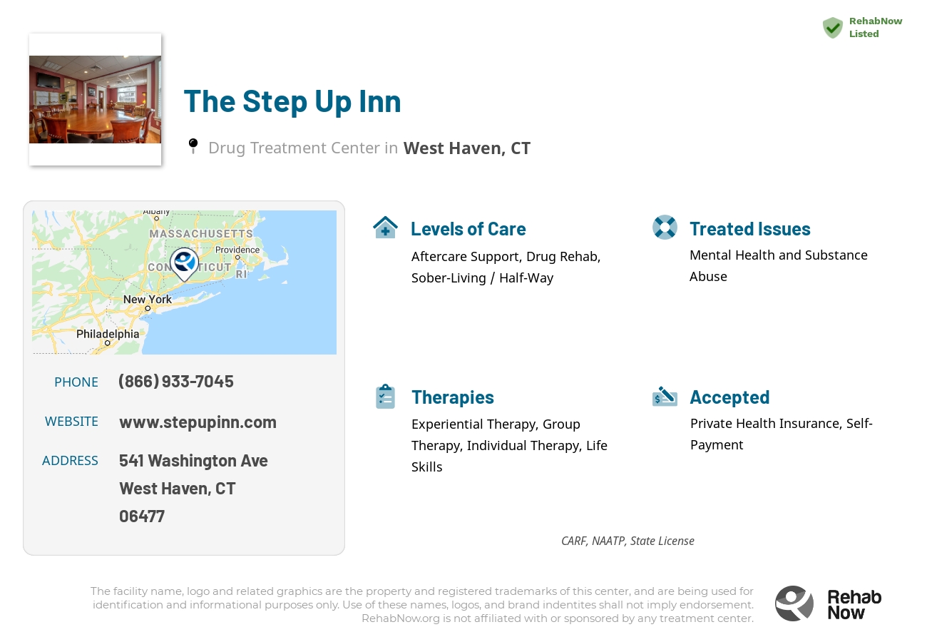 Helpful reference information for The Step Up Inn, a drug treatment center in Connecticut located at: 541 Washington Ave, West Haven, CT, 06477, including phone numbers, official website, and more. Listed briefly is an overview of Levels of Care, Therapies Offered, Issues Treated, and accepted forms of Payment Methods.