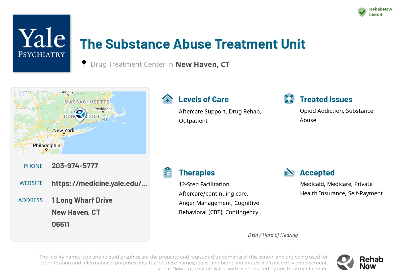 Helpful reference information for The Substance Abuse Treatment Unit, a drug treatment center in Connecticut located at: 1 Long Wharf Drive, New Haven, CT 06511, including phone numbers, official website, and more. Listed briefly is an overview of Levels of Care, Therapies Offered, Issues Treated, and accepted forms of Payment Methods.