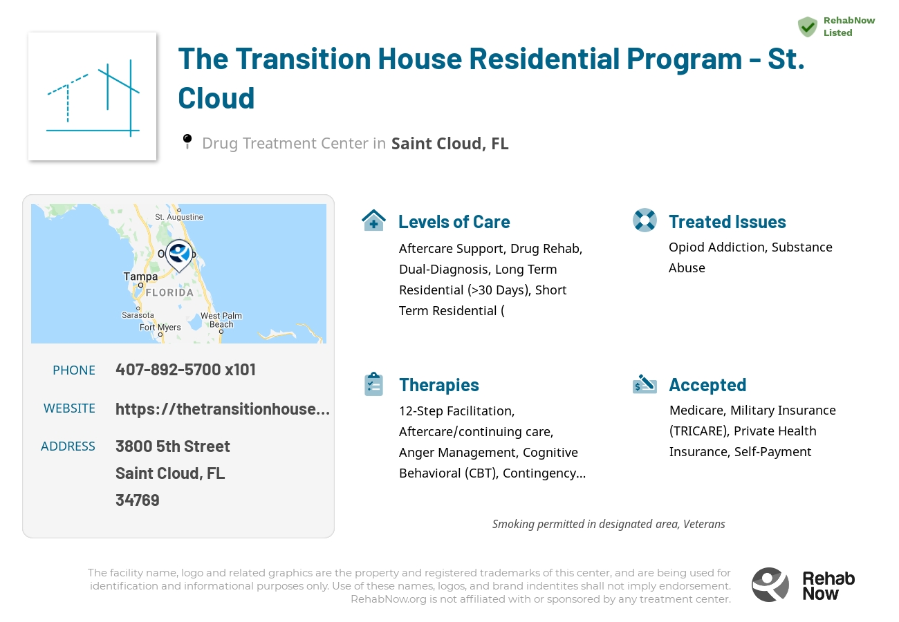 Helpful reference information for The Transition House Residential Program - St. Cloud, a drug treatment center in Florida located at: 3800 5th Street, Saint Cloud, FL 34769, including phone numbers, official website, and more. Listed briefly is an overview of Levels of Care, Therapies Offered, Issues Treated, and accepted forms of Payment Methods.