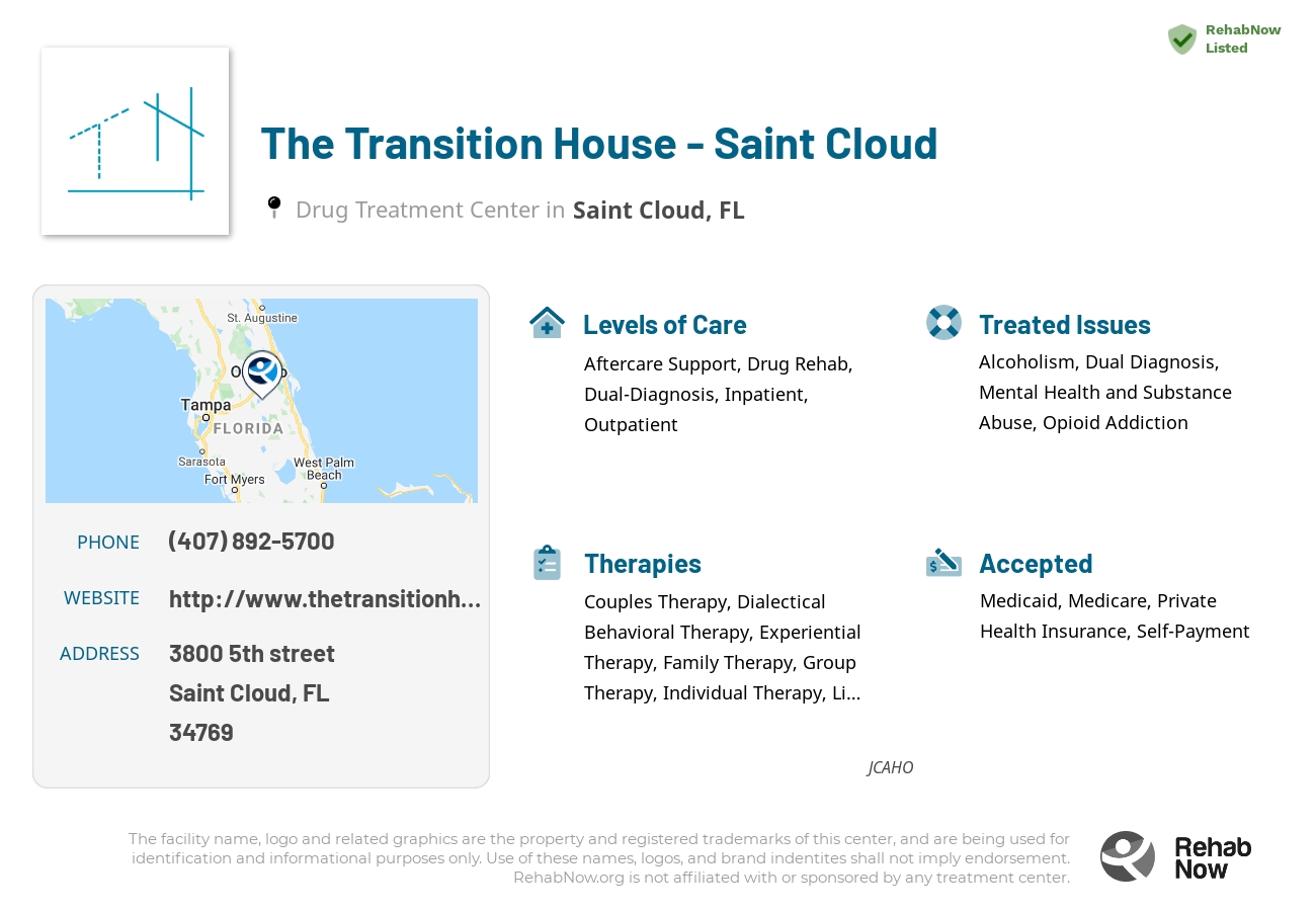 Helpful reference information for The Transition House - Saint Cloud, a drug treatment center in Florida located at: 3800 5th street, Saint Cloud, FL, 34769, including phone numbers, official website, and more. Listed briefly is an overview of Levels of Care, Therapies Offered, Issues Treated, and accepted forms of Payment Methods.