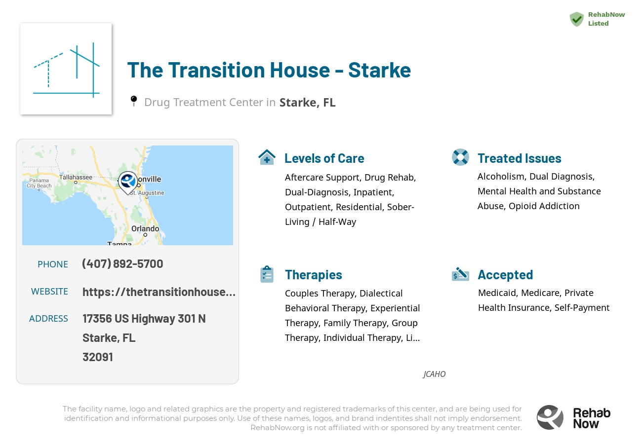 Helpful reference information for The Transition House - Starke, a drug treatment center in Florida located at: 17356 US Highway 301 N, Starke, FL, 32091, including phone numbers, official website, and more. Listed briefly is an overview of Levels of Care, Therapies Offered, Issues Treated, and accepted forms of Payment Methods.