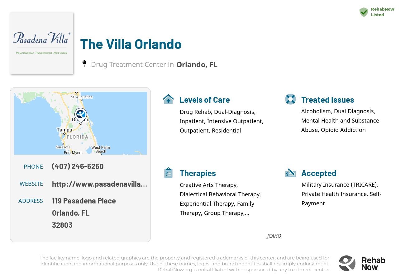 Helpful reference information for The Villa Orlando, a drug treatment center in Florida located at: 119 Pasadena Place, Orlando, FL, 32803, including phone numbers, official website, and more. Listed briefly is an overview of Levels of Care, Therapies Offered, Issues Treated, and accepted forms of Payment Methods.