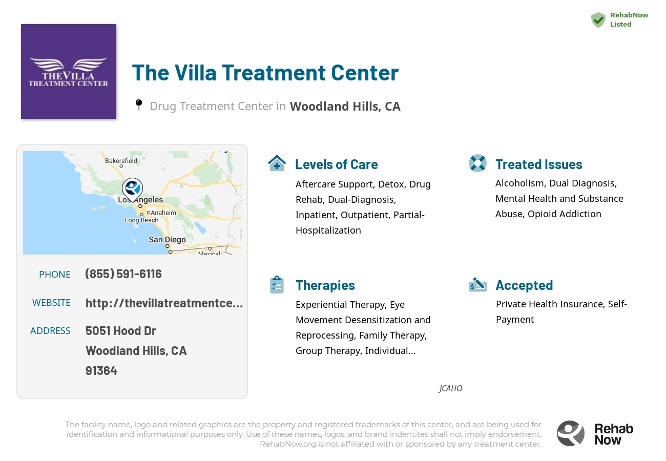 Helpful reference information for The Villa Treatment Center, a drug treatment center in California located at: 5051 Hood Dr, Woodland Hills, CA 91364, including phone numbers, official website, and more. Listed briefly is an overview of Levels of Care, Therapies Offered, Issues Treated, and accepted forms of Payment Methods.