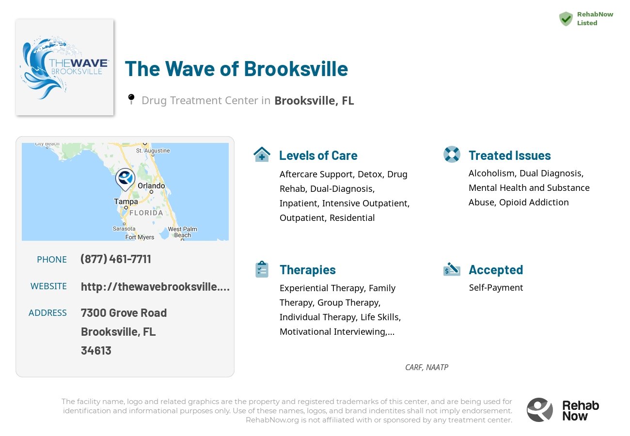 Helpful reference information for The Wave of Brooksville, a drug treatment center in Florida located at: 7300 Grove Road, Brooksville, FL, 34613, including phone numbers, official website, and more. Listed briefly is an overview of Levels of Care, Therapies Offered, Issues Treated, and accepted forms of Payment Methods.
