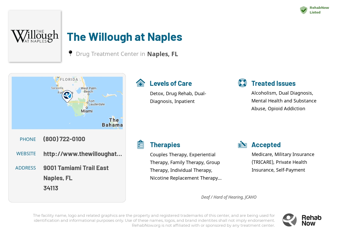 Helpful reference information for The Willough at Naples, a drug treatment center in Florida located at: 9001 Tamiami Trail East, Naples, FL, 34113, including phone numbers, official website, and more. Listed briefly is an overview of Levels of Care, Therapies Offered, Issues Treated, and accepted forms of Payment Methods.