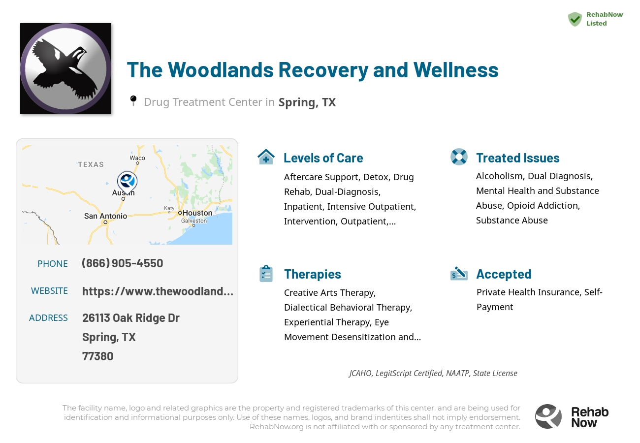 Helpful reference information for The Woodlands Recovery and Wellness, a drug treatment center in Texas located at: 15401 Cameron Road, Pflugerville, TX, 78660, including phone numbers, official website, and more. Listed briefly is an overview of Levels of Care, Therapies Offered, Issues Treated, and accepted forms of Payment Methods.