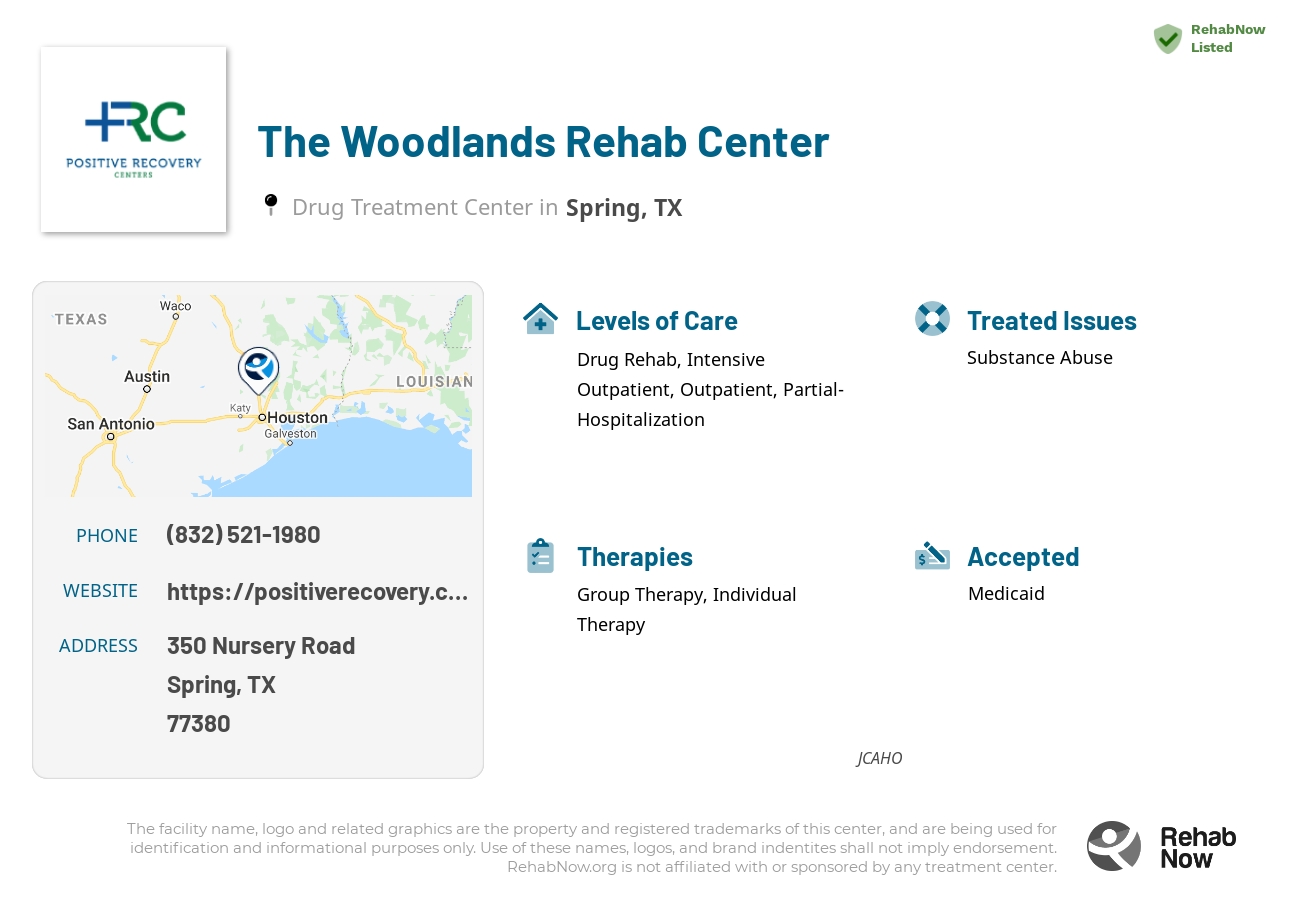 Helpful reference information for The Woodlands Rehab Center, a drug treatment center in Texas located at: 350 Nursery Road, Spring, TX, 77380, including phone numbers, official website, and more. Listed briefly is an overview of Levels of Care, Therapies Offered, Issues Treated, and accepted forms of Payment Methods.
