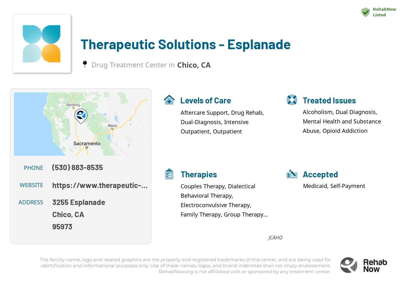 Helpful reference information for Therapeutic Solutions - Esplanade, a drug treatment center in California located at: 3255 Esplanade, Chico, CA 95973, including phone numbers, official website, and more. Listed briefly is an overview of Levels of Care, Therapies Offered, Issues Treated, and accepted forms of Payment Methods.