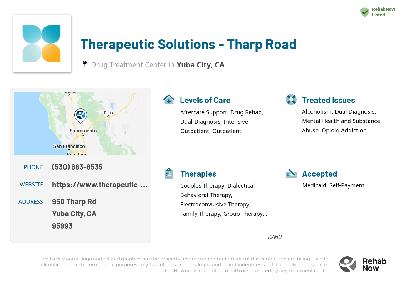 Helpful reference information for Therapeutic Solutions - Tharp Road, a drug treatment center in California located at: 950 Tharp Rd, Yuba City, CA 95993, including phone numbers, official website, and more. Listed briefly is an overview of Levels of Care, Therapies Offered, Issues Treated, and accepted forms of Payment Methods.