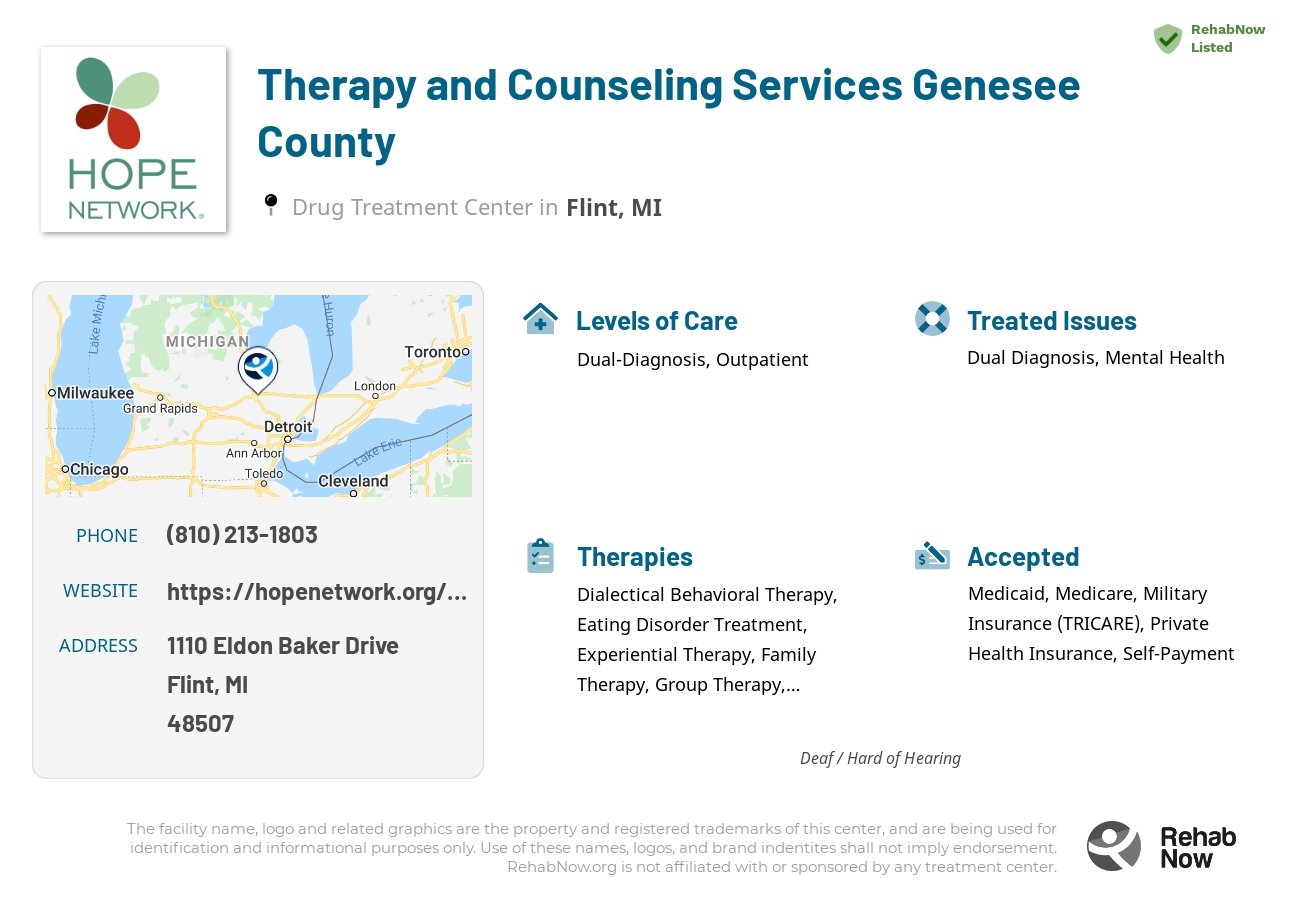 Helpful reference information for Therapy and Counseling Services Genesee County, a drug treatment center in Michigan located at: 1110 Eldon Baker Drive, Flint, MI, 48507, including phone numbers, official website, and more. Listed briefly is an overview of Levels of Care, Therapies Offered, Issues Treated, and accepted forms of Payment Methods.