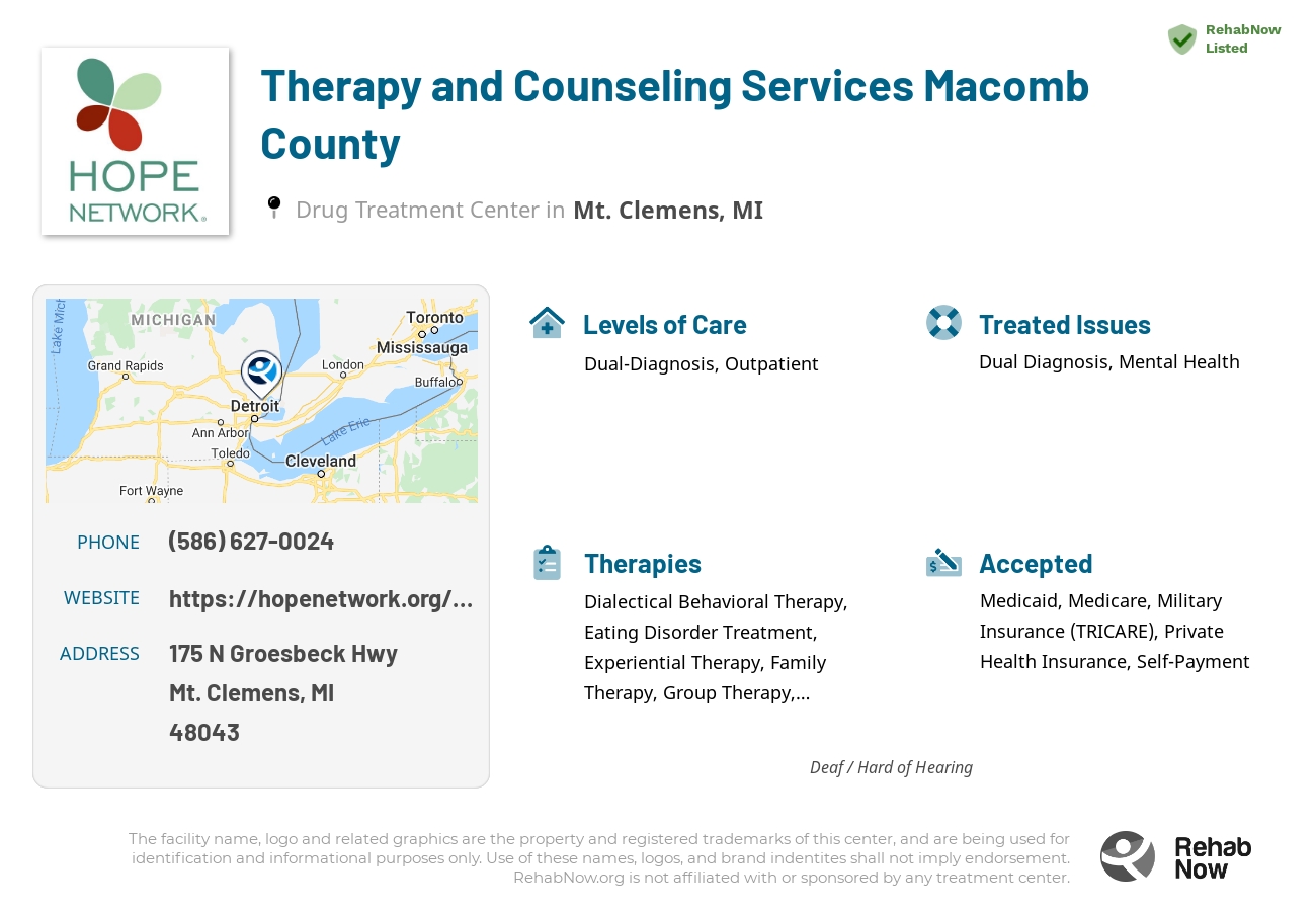 Helpful reference information for Therapy and Counseling Services Macomb County, a drug treatment center in Michigan located at: 175 N Groesbeck Hwy, Mt. Clemens, MI, 48043, including phone numbers, official website, and more. Listed briefly is an overview of Levels of Care, Therapies Offered, Issues Treated, and accepted forms of Payment Methods.