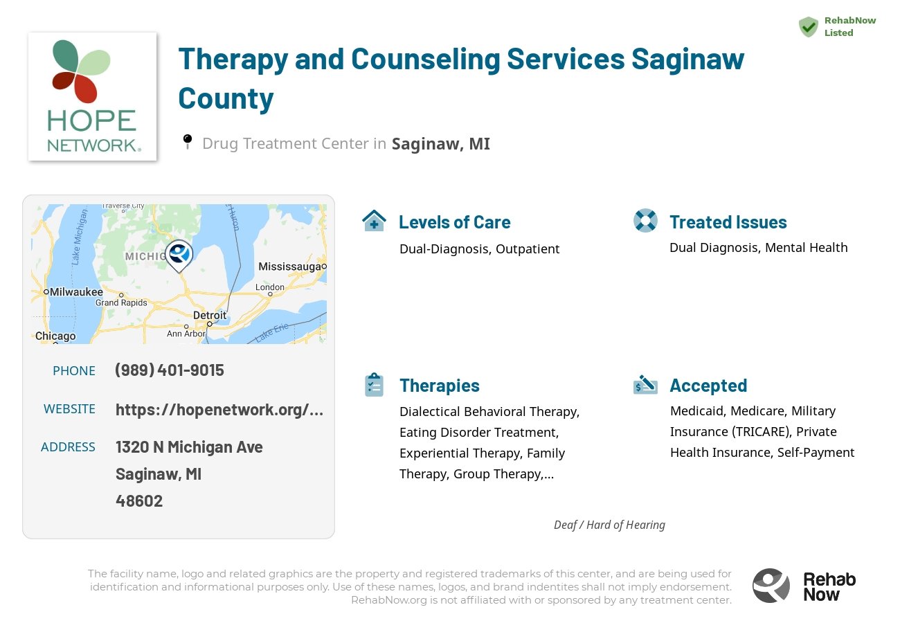 Helpful reference information for Therapy and Counseling Services Saginaw County, a drug treatment center in Michigan located at: 1320 N Michigan Ave, Saginaw, MI, 48602, including phone numbers, official website, and more. Listed briefly is an overview of Levels of Care, Therapies Offered, Issues Treated, and accepted forms of Payment Methods.