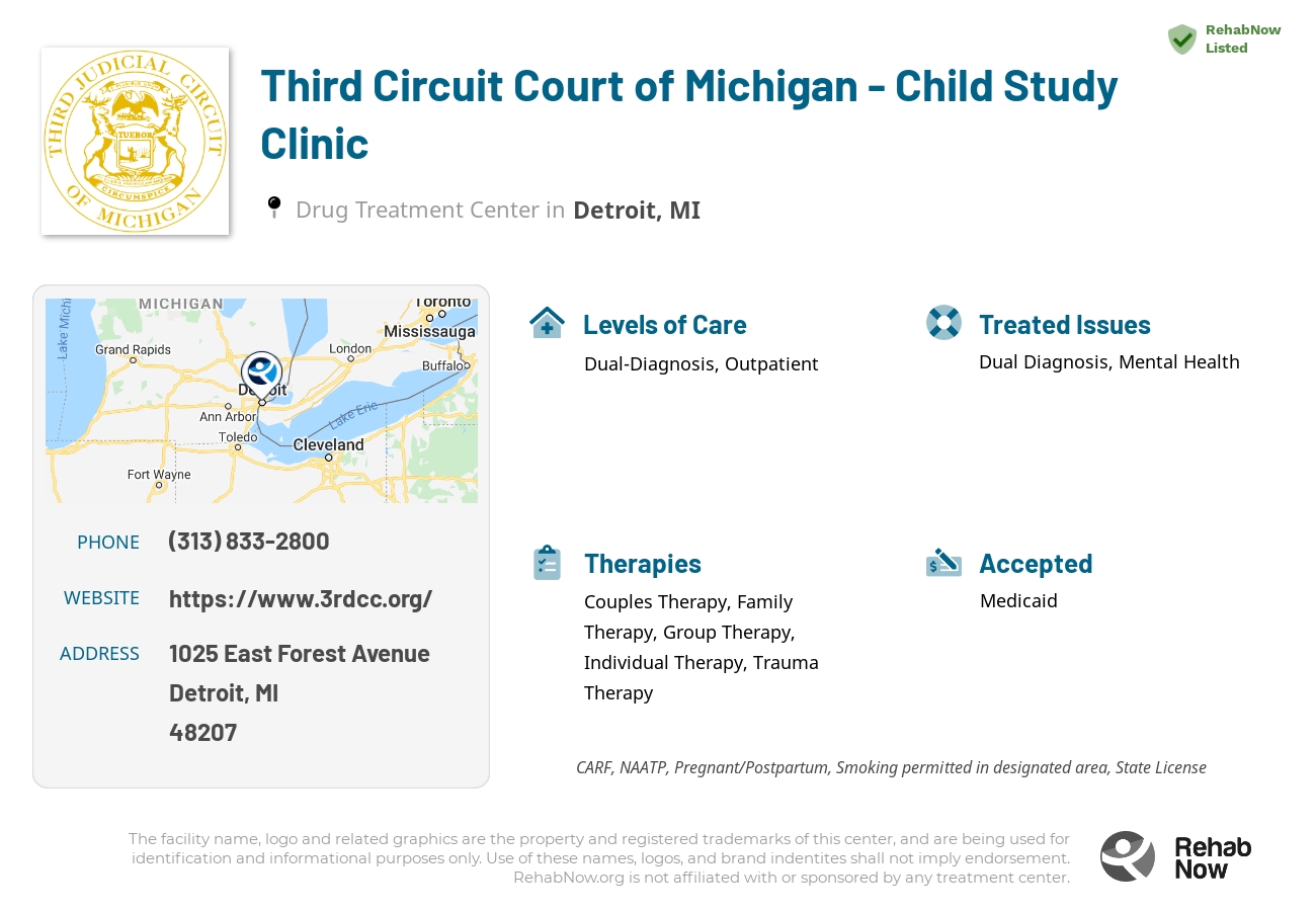 Helpful reference information for Third Circuit Court of Michigan - Child Study Clinic, a drug treatment center in Michigan located at: 1025 1025 East Forest Avenue, Detroit, MI 48207, including phone numbers, official website, and more. Listed briefly is an overview of Levels of Care, Therapies Offered, Issues Treated, and accepted forms of Payment Methods.
