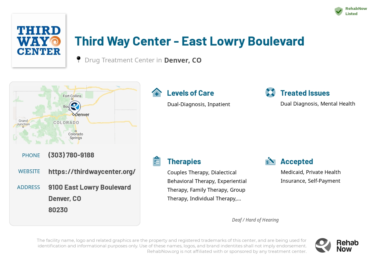 Helpful reference information for Third Way Center - East Lowry Boulevard, a drug treatment center in Colorado located at: 9100 9100 East Lowry Boulevard, Denver, CO 80230, including phone numbers, official website, and more. Listed briefly is an overview of Levels of Care, Therapies Offered, Issues Treated, and accepted forms of Payment Methods.