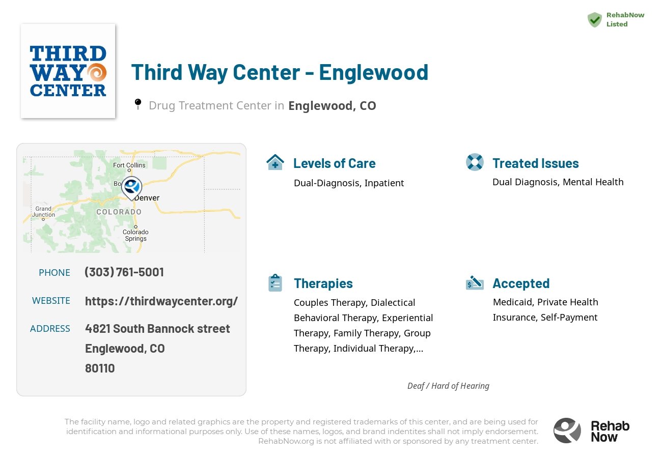 Helpful reference information for Third Way Center - Englewood, a drug treatment center in Colorado located at: 4821 4821 South Bannock street, Englewood, CO 80110, including phone numbers, official website, and more. Listed briefly is an overview of Levels of Care, Therapies Offered, Issues Treated, and accepted forms of Payment Methods.