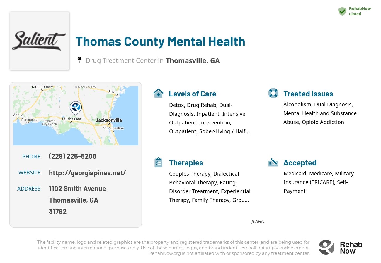 Helpful reference information for Thomas County Mental Health, a drug treatment center in Georgia located at: 1102 1102 Smith Avenue, Thomasville, GA 31792, including phone numbers, official website, and more. Listed briefly is an overview of Levels of Care, Therapies Offered, Issues Treated, and accepted forms of Payment Methods.