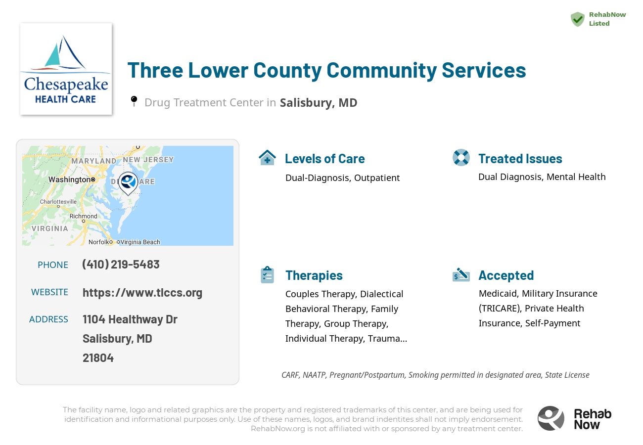 Helpful reference information for Three Lower County Community Services, a drug treatment center in Maryland located at: 1104 Healthway Dr, Salisbury, MD 21804, including phone numbers, official website, and more. Listed briefly is an overview of Levels of Care, Therapies Offered, Issues Treated, and accepted forms of Payment Methods.