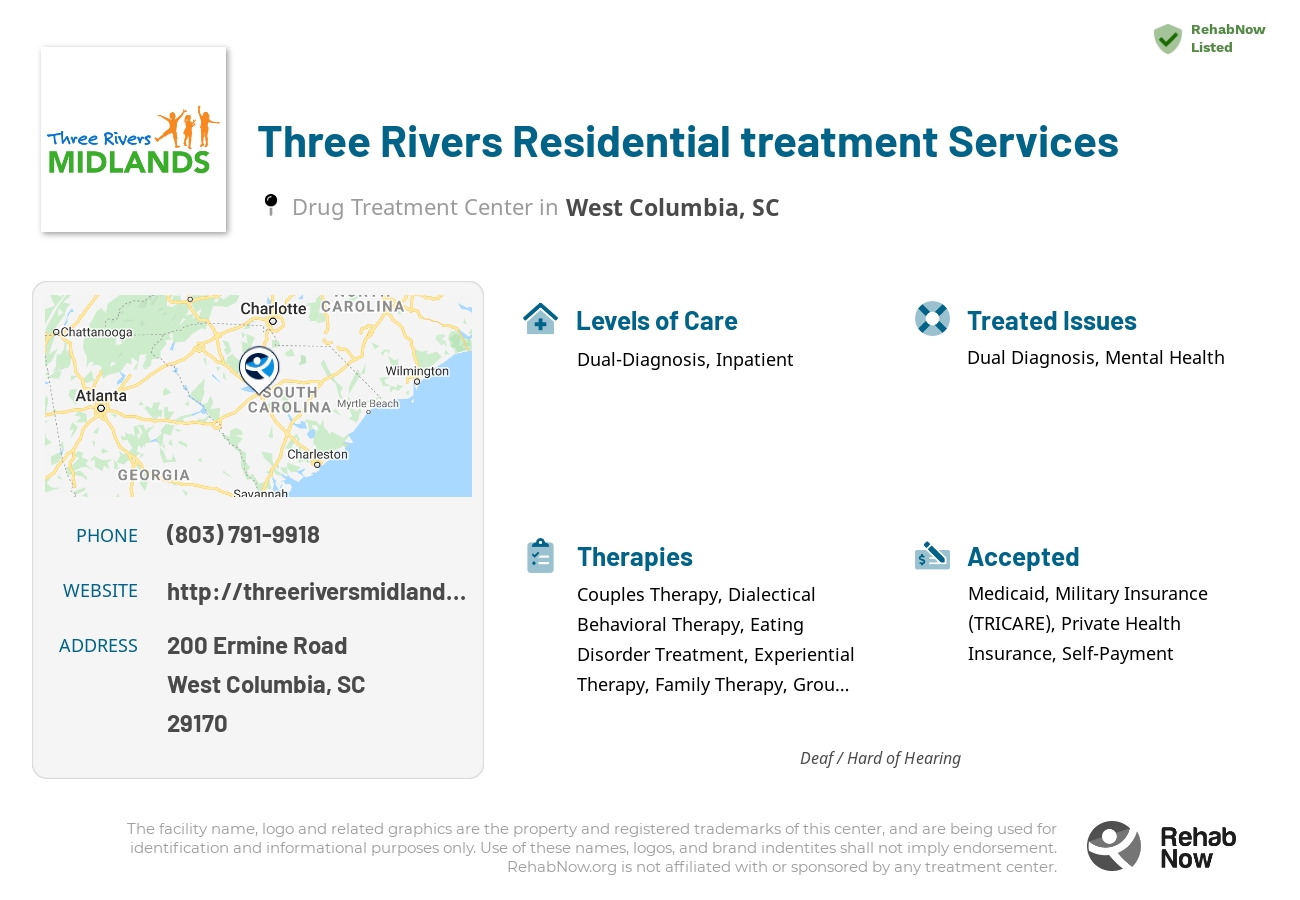 Helpful reference information for Three Rivers Residential treatment Services, a drug treatment center in South Carolina located at: 200 200 Ermine Road, West Columbia, SC 29170, including phone numbers, official website, and more. Listed briefly is an overview of Levels of Care, Therapies Offered, Issues Treated, and accepted forms of Payment Methods.