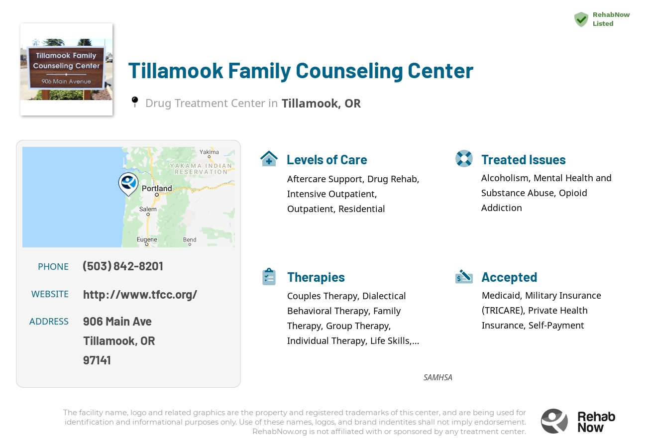 Helpful reference information for Tillamook Family Counseling Center, a drug treatment center in Oregon located at: 906 Main Ave, Tillamook, OR 97141, including phone numbers, official website, and more. Listed briefly is an overview of Levels of Care, Therapies Offered, Issues Treated, and accepted forms of Payment Methods.