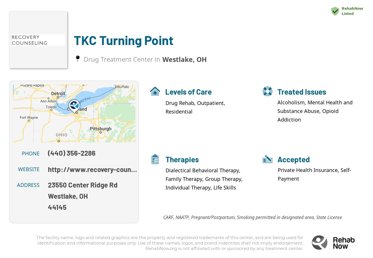 Helpful reference information for TKC Turning Point, a drug treatment center in Ohio located at: 23550 Center Ridge Rd, Westlake, OH 44145, including phone numbers, official website, and more. Listed briefly is an overview of Levels of Care, Therapies Offered, Issues Treated, and accepted forms of Payment Methods.