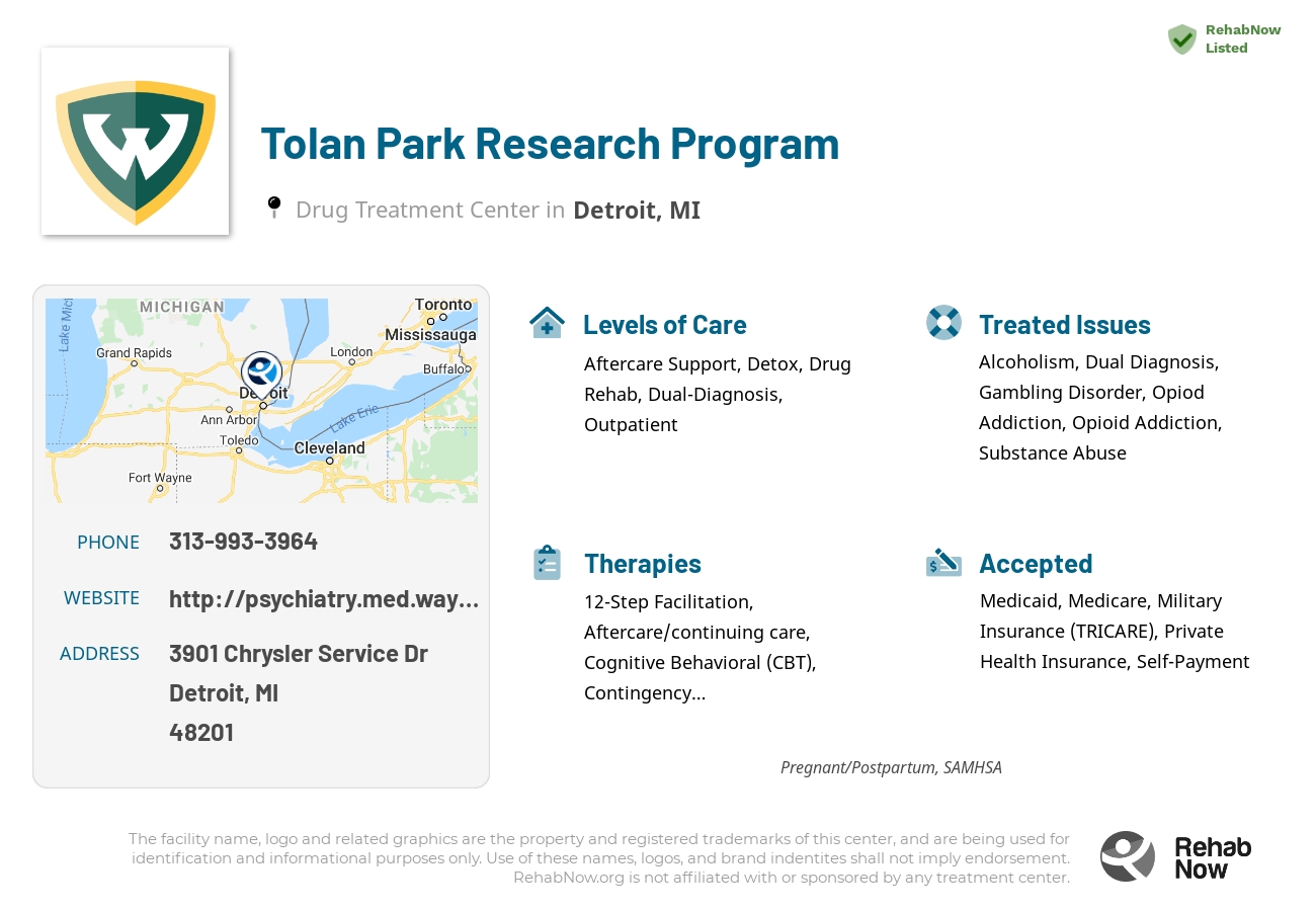 Helpful reference information for Tolan Park Research Program, a drug treatment center in Michigan located at: 3901 Chrysler Service Dr, Detroit, MI 48201, including phone numbers, official website, and more. Listed briefly is an overview of Levels of Care, Therapies Offered, Issues Treated, and accepted forms of Payment Methods.