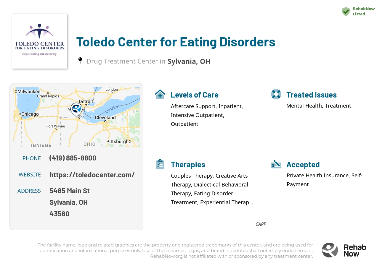 Helpful reference information for Toledo Center for Eating Disorders, a drug treatment center in Ohio located at: 5465 Main St, Sylvania, OH 43560, including phone numbers, official website, and more. Listed briefly is an overview of Levels of Care, Therapies Offered, Issues Treated, and accepted forms of Payment Methods.