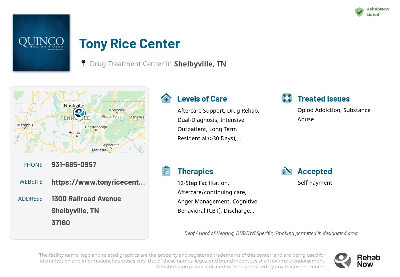 Helpful reference information for Tony Rice Center, a drug treatment center in Tennessee located at: 1300 Railroad Avenue, Shelbyville, TN, 37160, including phone numbers, official website, and more. Listed briefly is an overview of Levels of Care, Therapies Offered, Issues Treated, and accepted forms of Payment Methods.