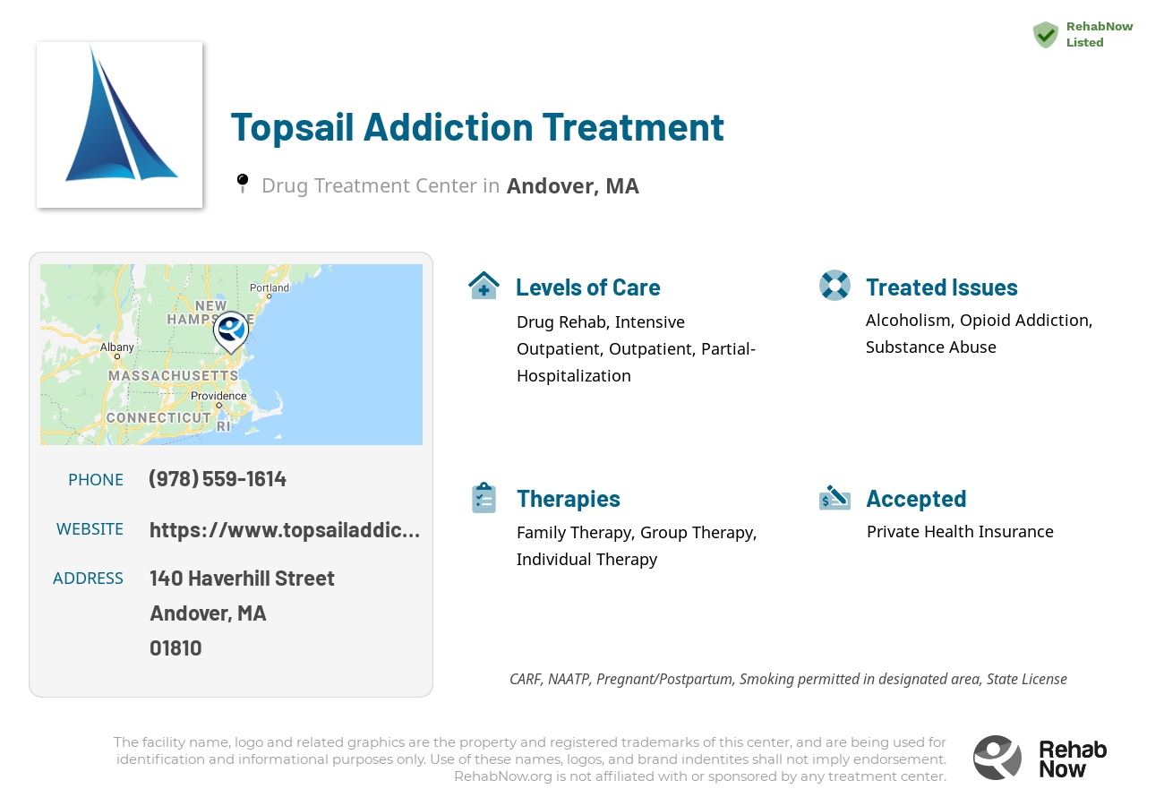 Helpful reference information for Topsail Addiction Treatment, a drug treatment center in Massachusetts located at: 140 Haverhill Street, Suite 8, Andover, MA, 01810, including phone numbers, official website, and more. Listed briefly is an overview of Levels of Care, Therapies Offered, Issues Treated, and accepted forms of Payment Methods.