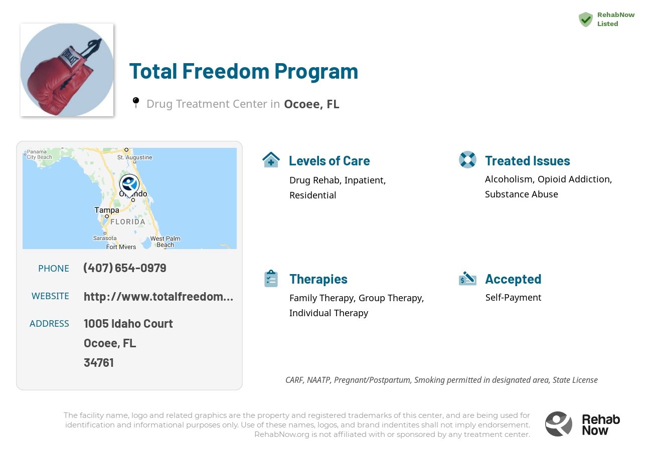 Helpful reference information for Total Freedom Program, a drug treatment center in Florida located at: 1005 Idaho Court, Ocoee, FL, 34761, including phone numbers, official website, and more. Listed briefly is an overview of Levels of Care, Therapies Offered, Issues Treated, and accepted forms of Payment Methods.