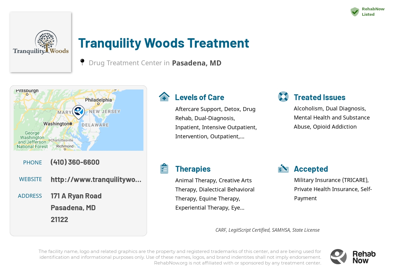 Helpful reference information for Tranquility Woods Treatment, a drug treatment center in Maryland located at: 171 A Ryan Road, Pasadena, MD, 21122, including phone numbers, official website, and more. Listed briefly is an overview of Levels of Care, Therapies Offered, Issues Treated, and accepted forms of Payment Methods.