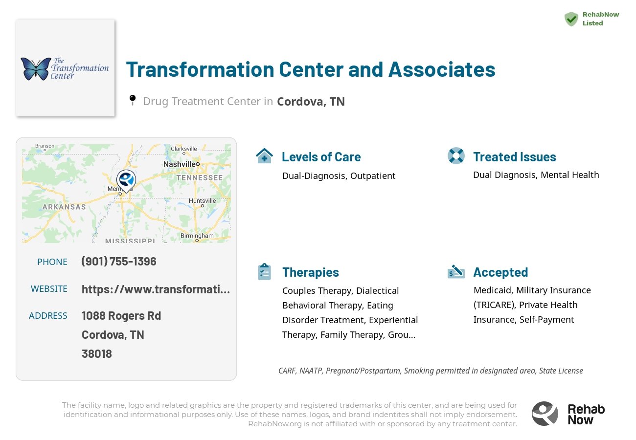 Helpful reference information for Transformation Center and Associates, a drug treatment center in Tennessee located at: 1088 Rogers Rd, Cordova, TN 38018, including phone numbers, official website, and more. Listed briefly is an overview of Levels of Care, Therapies Offered, Issues Treated, and accepted forms of Payment Methods.